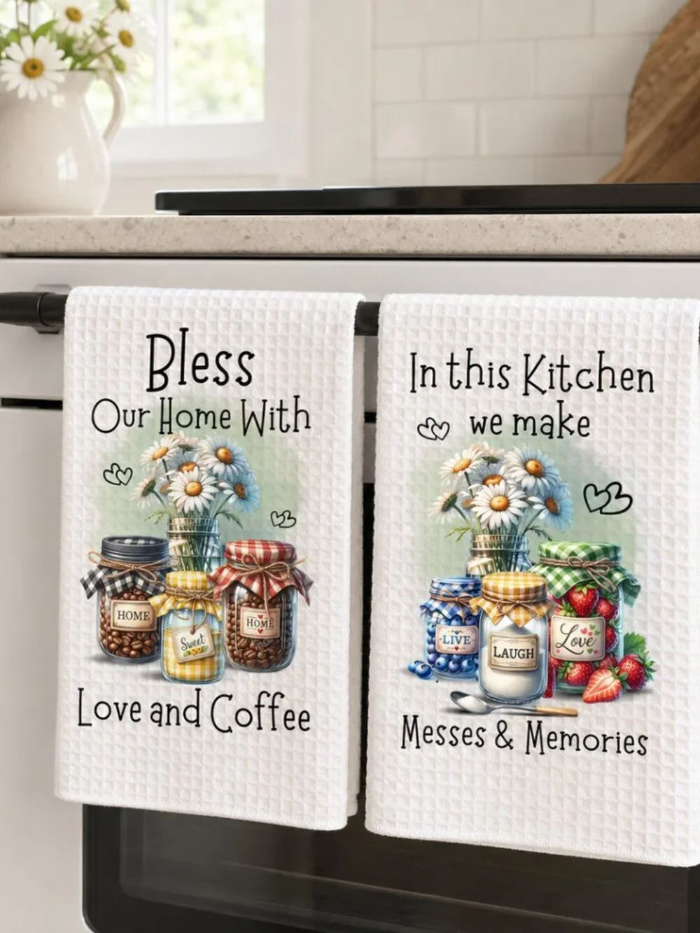 Bless Our Home Kitchen Towel Set, Love And Coffee Dish Towel Daisy Mason Jar